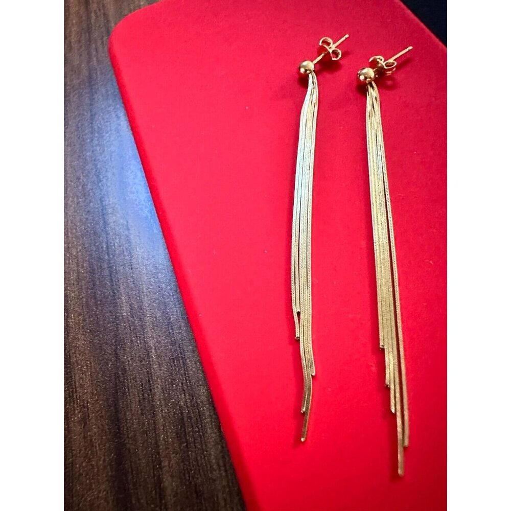 Gold 18K Yellow Gold Long  Stud Shiny Solid   Earrings 4.37grams  Women